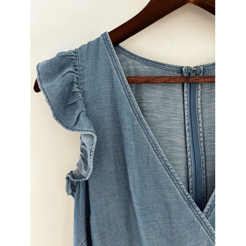 LOFT Chambray Ruffle Sleeve Dress | Soft Girl Casual Denim Mini - Picture 5 of 9